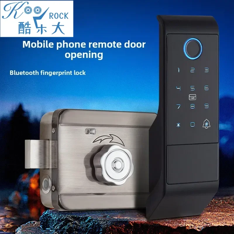 Surface-Mounted Bullhead Smart Lock-Waterproof Vintage Iron Door Fingerprint Graffiti WiFi Lock (Wire-Free, Works on Glass Doors