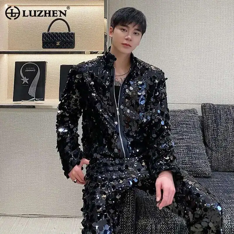 

LUZHEN Personalized Sequin Stand Up Collar Short Jacket Trendy Cool Stage Outfit New 2025 Stylish High Street Men's Tops LZ6684