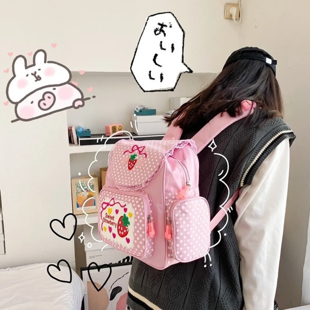 

Casual Cartoon Strawberry School Bag Embroidery Mochila Dots Girl Backpack Multi-Pocket Fruit Student Rucksack Girl