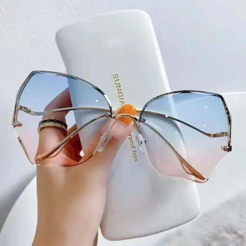 Irregular Round Sunglases Women Brand Designer Gradient Fashion Sun Glasses Female Rimless Metal Curved Temples Oculos De Sol