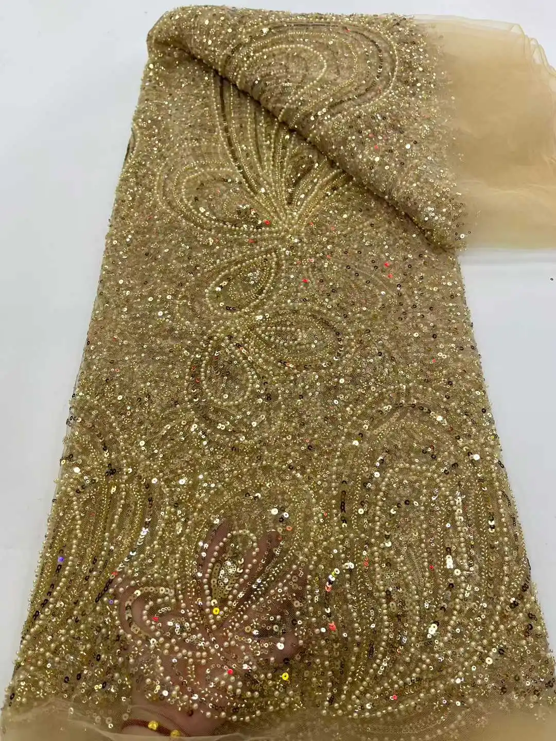 

2025 Gold Beaded Lace Fabric African Luxury Fabric 5 Yards Beaded Lace Fabric Nigerian Sequins For Wedding Party Dresses Women