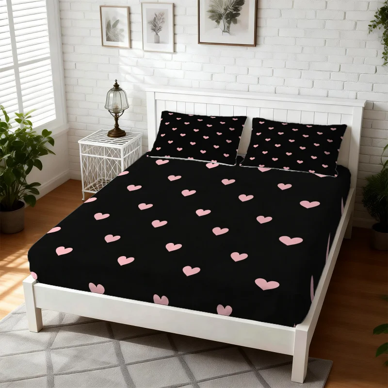 Black Pink Heart Print Fitted Sheet Set, Bed Sheet Set Bedding Set No Fillers, Cute Love Heart Bedding for Teen Girls Room
