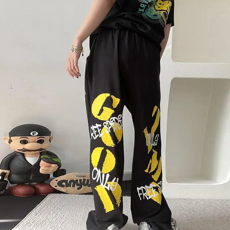 Spodnie damskie z wysokim stanem, luźne, w stylu hip-hop, do tańca i sportu, modne, codzienne, z szerokimi nogawkami, wygodne, elastyczne, czarne.