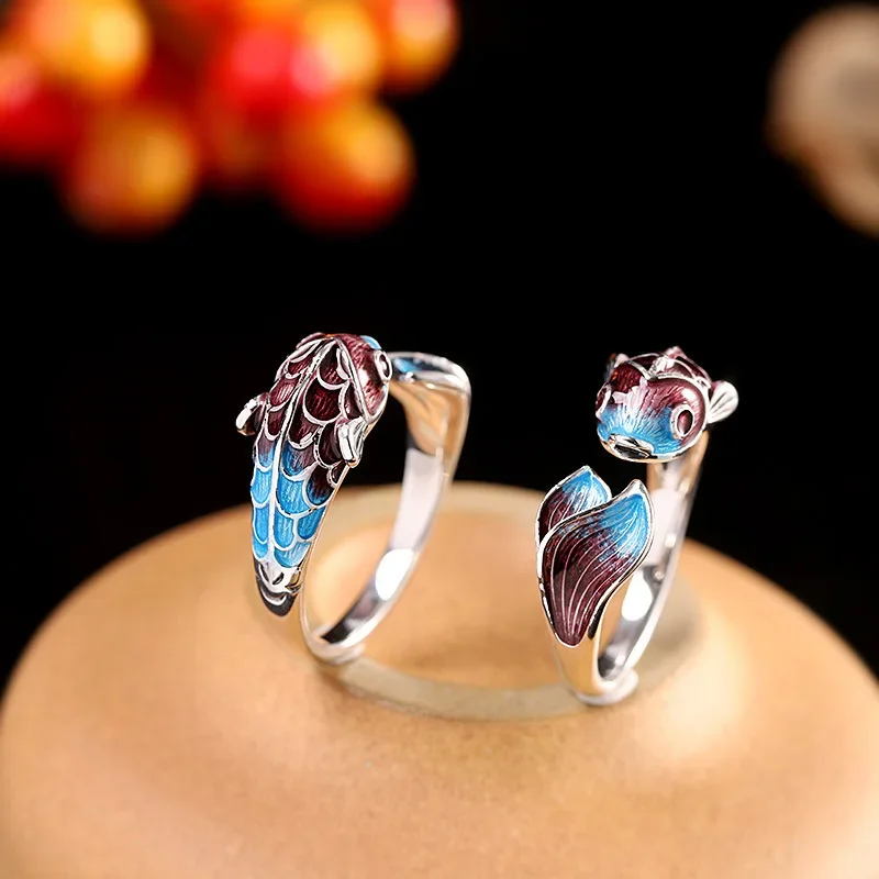 Cincin dapat disesuaikan ikan Koi warna Enamel perak desain Niche klasik Tiongkok elegan merek perhiasan hadiah pesta