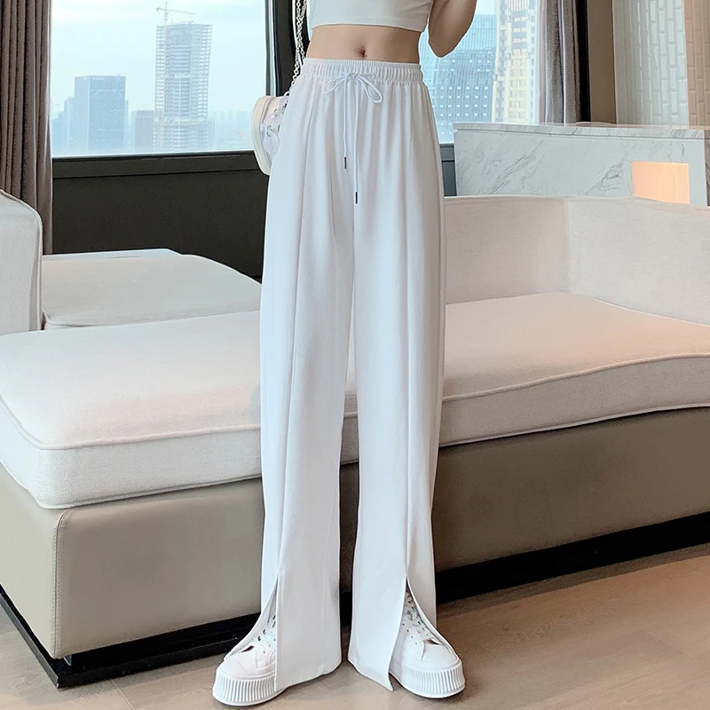 M-5XL Women Wide Leg Pants 2022 Summer Thin Elastic Waist Loose Straight Trousers Female Casual Slit Pants