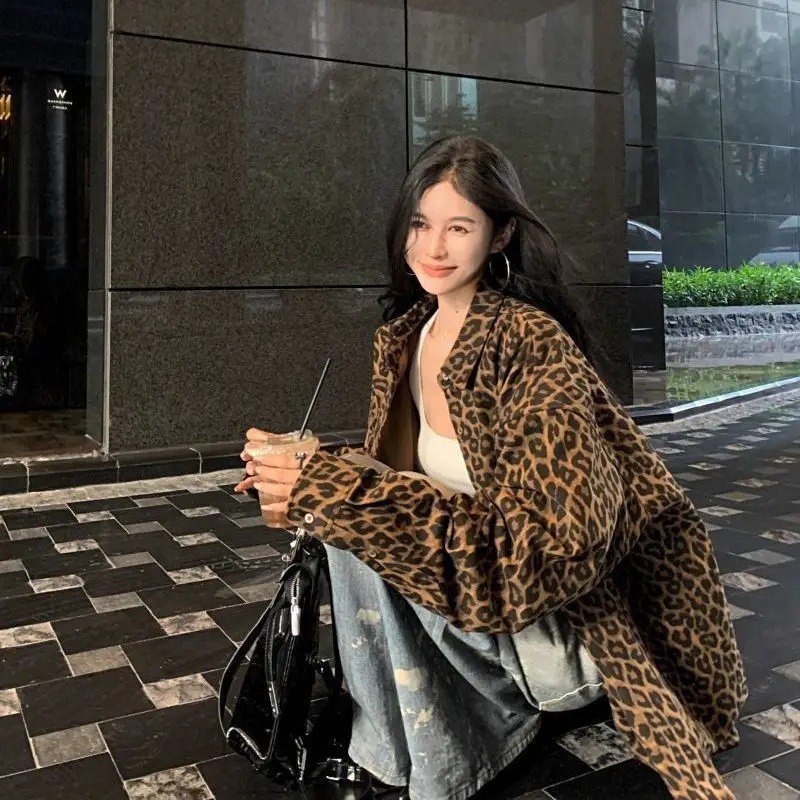 Vintage Polo Neck Loose Shirt Tops Spring Autumn New Long Sleeve Leopard Printing Street Casual Blouse Fashion Y2K Women Clothes