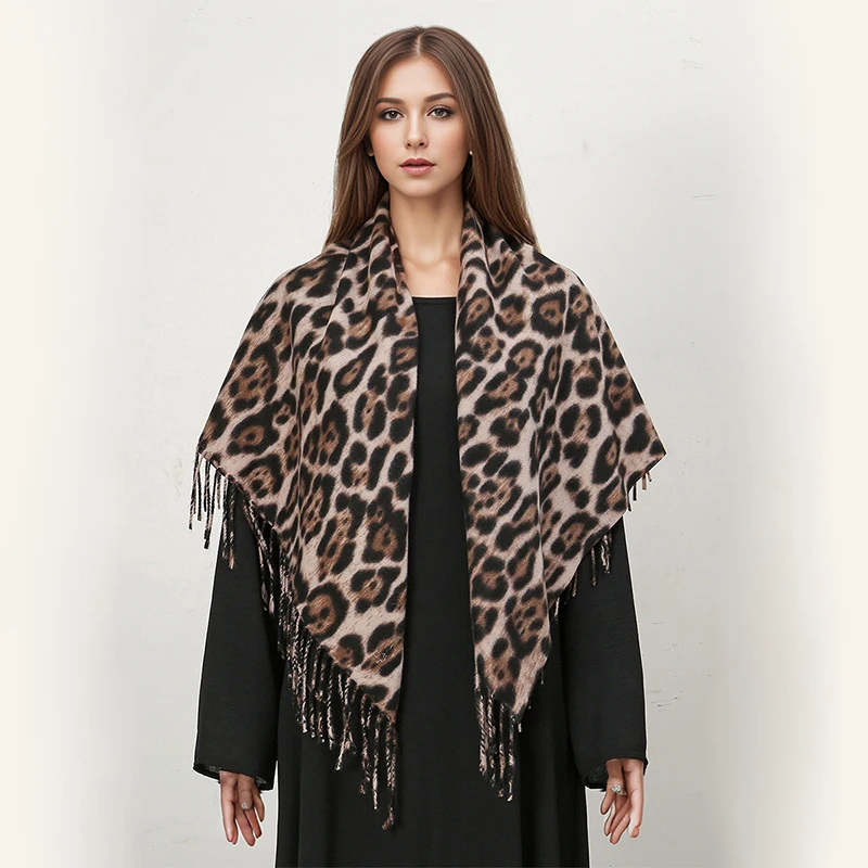 Newest Leopard Printed Tassels 100 Square Scarf Shawls Women Autumn And Winter Shawls Ladies Elegant Wraps Ethnic Cape Wholasale