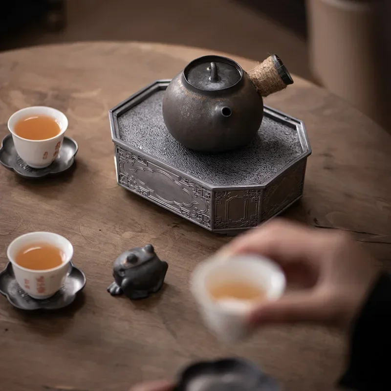 Pure Tin Old Pot Tray Retro Japanese Style Kung Fu Tea Set Dry Pour Tea Tray Pot Mat Water Storage Tea Table Trays Serving Tray