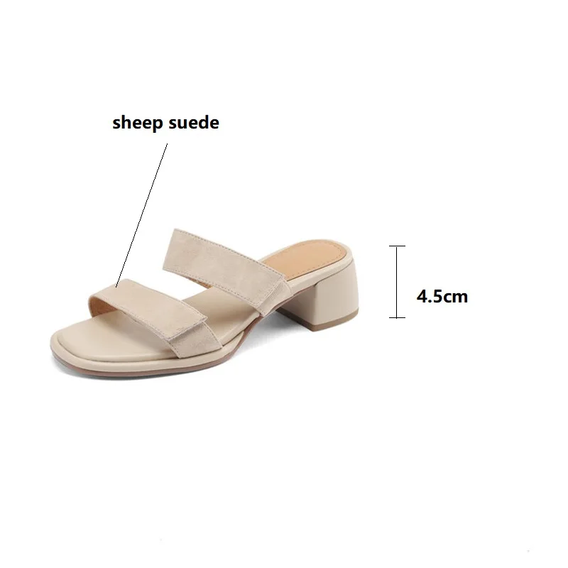 New Sheep Suede Summer Slippers Women 2023 Square Toe Chunky Heel Sandals Soft Open Toe Shoes for Women Handmade Slippers Women