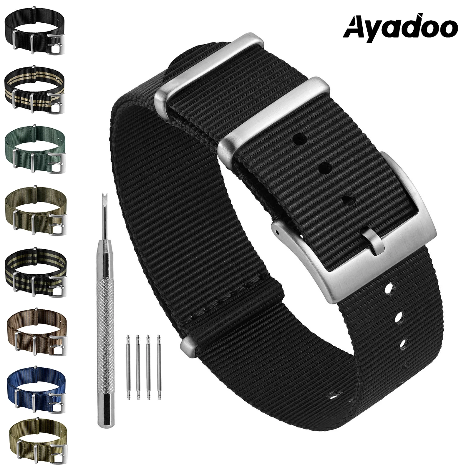 حزام ساعة Ayadoo من النايلون قطعة واحدة، حزام بديل على الطراز العسكري باللون الأسود والبني مع إبزيم من الفولاذ المقاوم للصدأ، العرض 18 20 22 مم