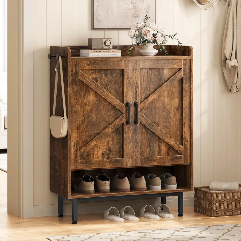 

Shoe cabinet with barn style doors, 6-story farmhouse shoe cabinet with adjustable shelves and side hooks, made of wood