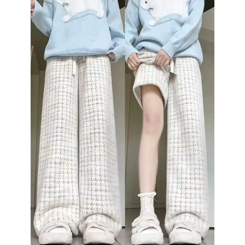 Cintura alta solta ajuste xadrez velo forrado calças de perna larga feminino casual estilo confortável outono inverno nova chegada