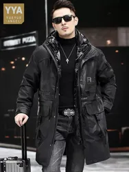 Winter Genuine Leather Coat Men Hooded Detachable Down Liner Jacket Loose Fit Thick Warm Long Cowhide Windbreaker Work Jacket