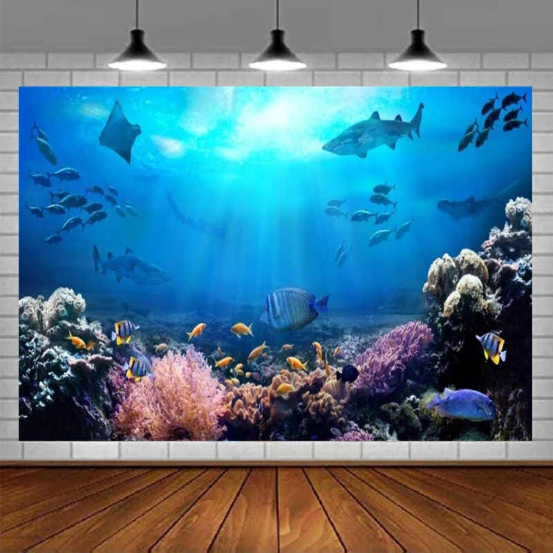 

Underwater Scene Photography Backdrop Aquarium Seabed Rocks Lights Coral And Tropical Fishes Under The Sea Background Decoration