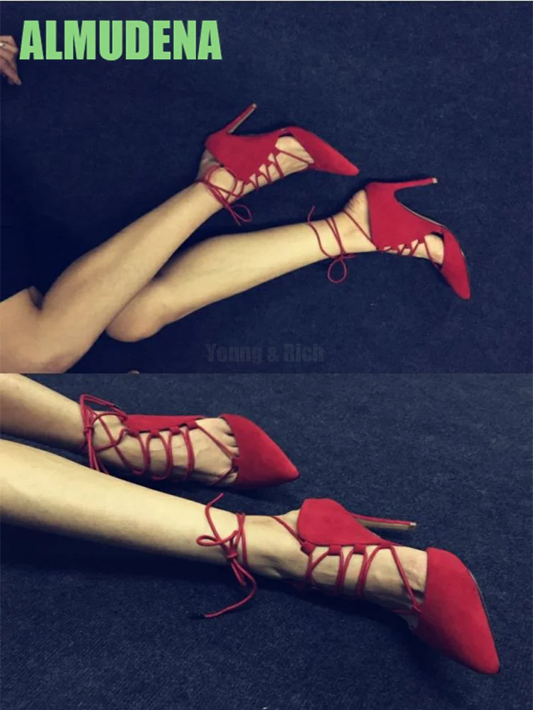 

Cross Wrapped Sandals Fashion Pointed Super High Heels Red Black Lace Up Toe Design Slim High Heels Sandalias De Mujer Verano