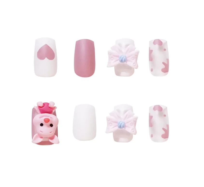 24Pcs Square Long Style False Nail Cartoon Cute Pig Bow Wearable Manicure Press ON Nails Solid
