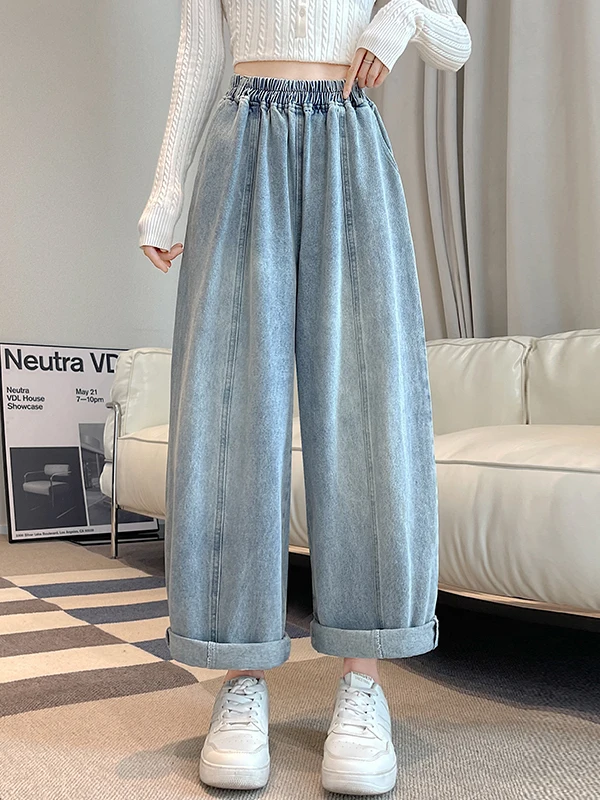 ハイウエストコットンデニムルーズストレートレッグレディースジーンズハーラン秋冬スレライトブルー9点ダッドパンツ