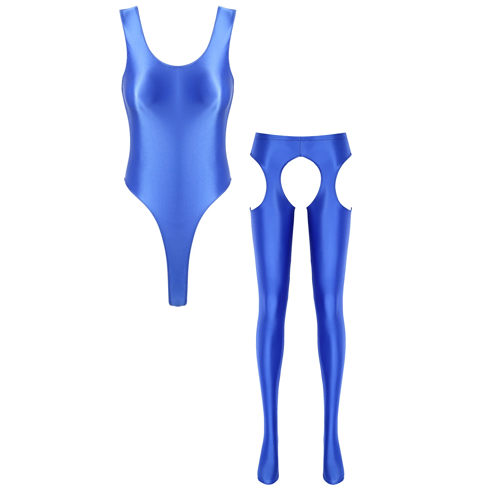 2PCS Womens Glossy Swimwear Sex High Cut Backless Sleeveless Bodysuit with Cutout Crotchless Pantyhose Mid Waist Tights Leggings image 4
