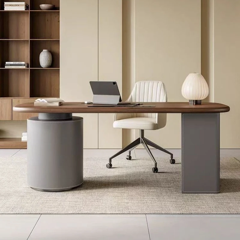 Mesa de estudo moderna, mesa de couro, madeira sólida, escritório, computador, chefe