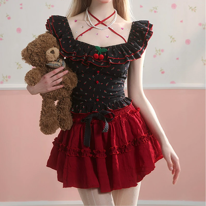 Kawaii Lolita Style Sweet 2 Piece Set Women Cute Cherry Print Floral Crop Top Y2k Red Bow Mini Skirts Female Korean Fashion Suit