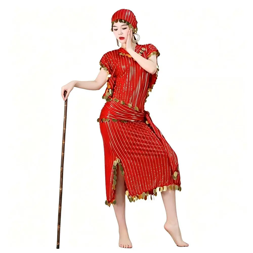 Elegant Striped Sequin Robe for Women Baladi Saidi Belly Dance Performance Competition Dress Oriental Folk Clothing Dance Outfit