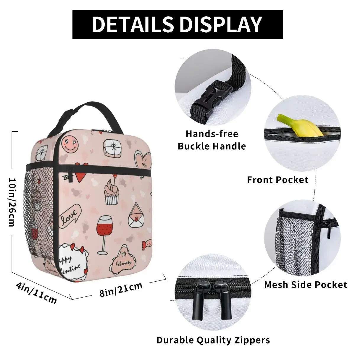 Thermoisolierte Lunchtasche mit Valentinstag-Cartoon-Muster für Picknick, wiederverwendbare Lebensmitteltasche, Kühler, Thermo-Lebensmittelbox