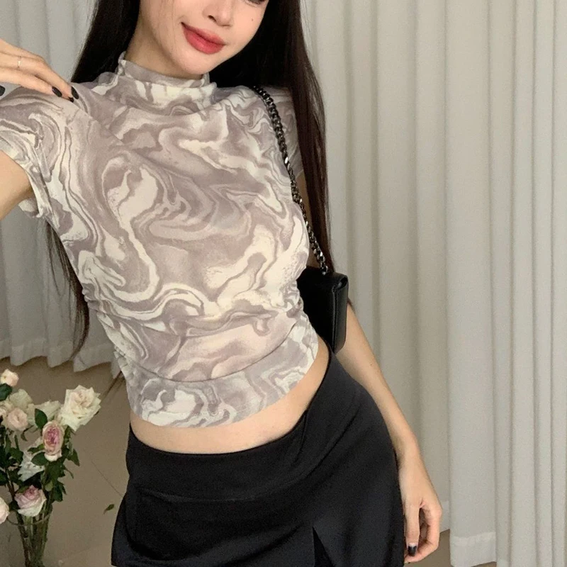 

Женская короткая водолазка с размытыми красками, облегающая летняя футболка, укороченные топы, футболка 2024, женская уличная одежда