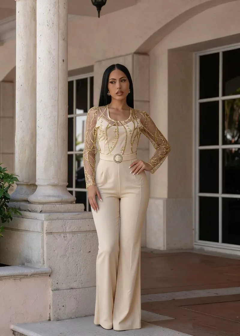 

Новый женский комбинезон GUWU с сетчатыми вставками, золотой вышивкой, прозрачный, сексуальный, облегающий, с широкими штанинами