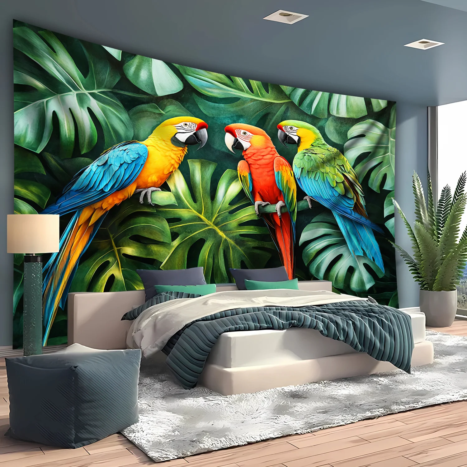 Tropical Macaw Birds Jungle Print Curtain Curtains Tropical Leaves Botanical Rainforest Window Drapes Mural Style Nature Wall Ar