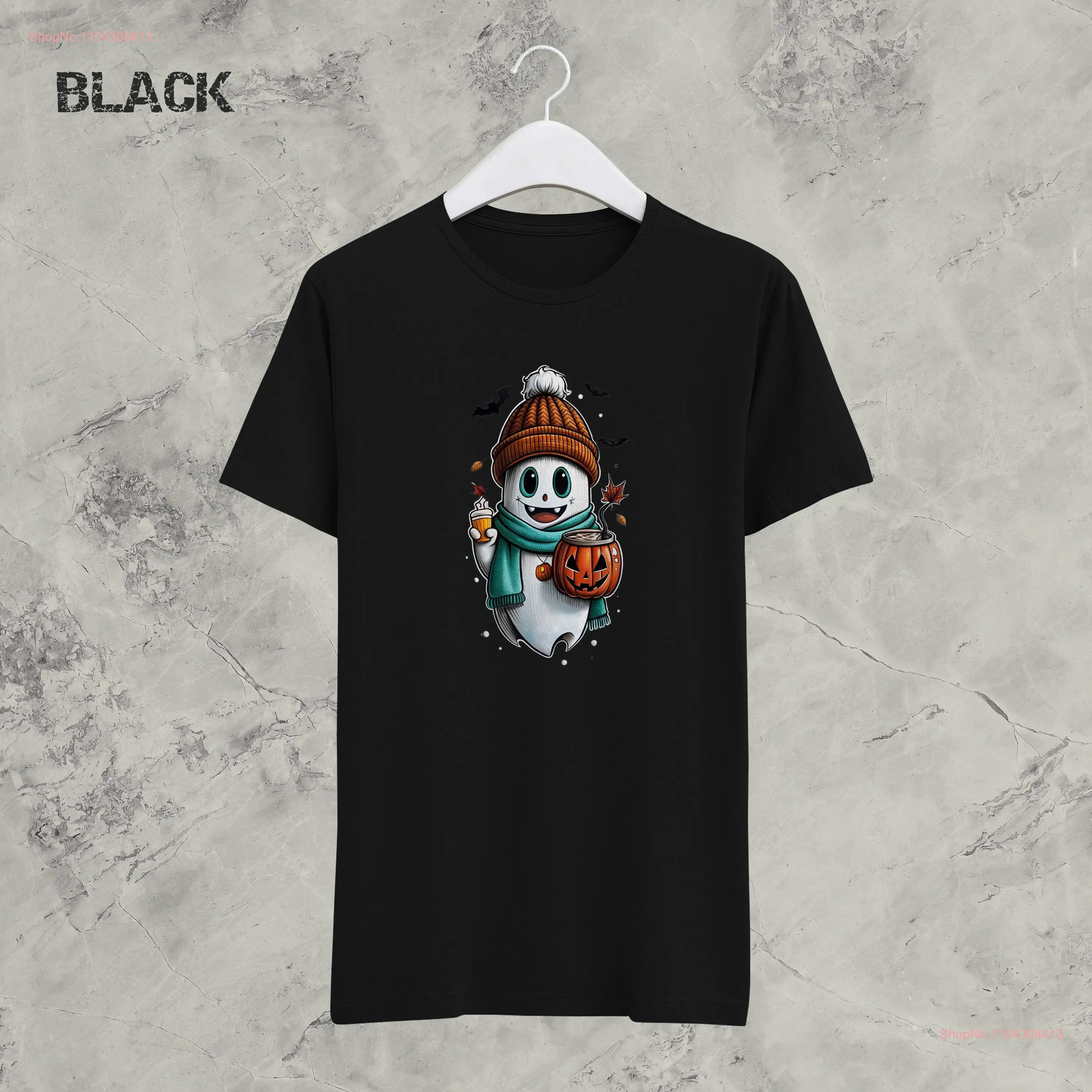 Cute Ghost Halloween T Shirt with Pumpkin Mug and Cozy Beanie Fall Spooky Autumn Outfit Coffee  long or short sleeves