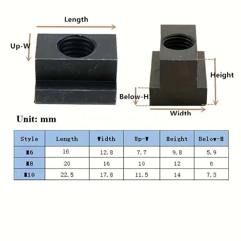 4 Black Oxidized T-Slot Nuts - Heavy-Duty Hammer Head Fasteners Sliding Nut Blocks Fully Threaded Shanks, M6/M8/M10 Sizes