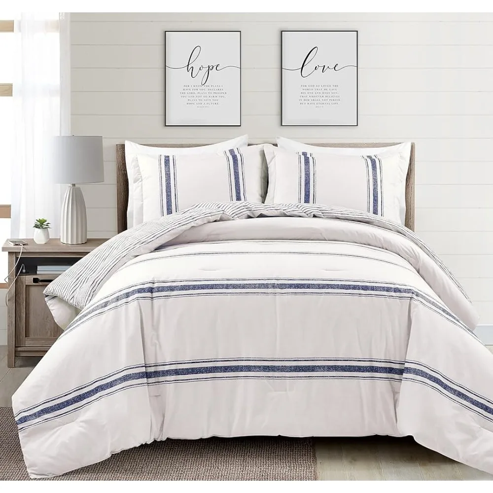 California King Bed Linen Set Farmhouse Stripe 3 Piece Reversible Comforter Bedding Set Navy Freight Free Sets Home Textile