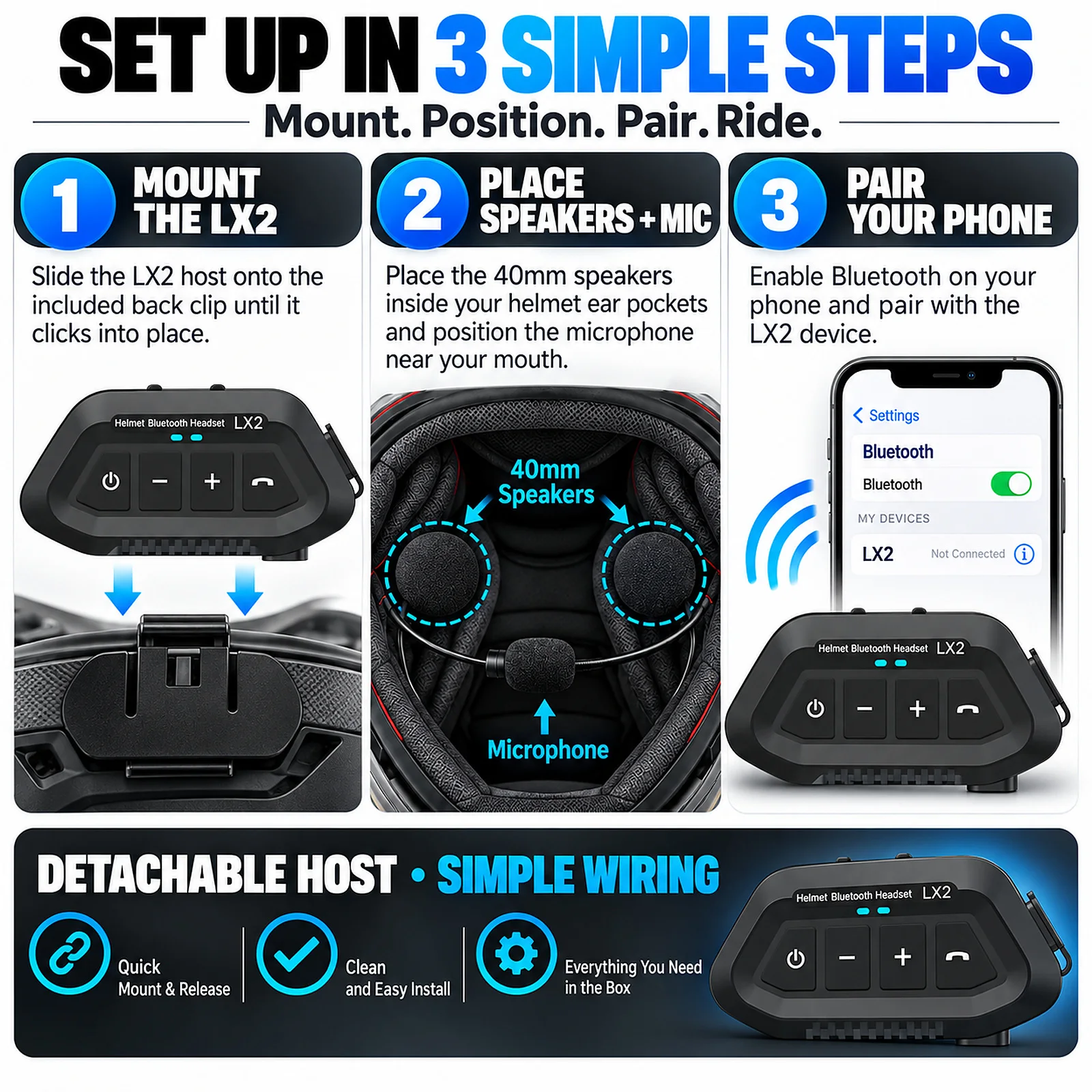 Motorcycle Helmet Bluetooth Headset BT5.3 1200mAh 24H Playtime Waterproof Removable Clip Auto Answer Call