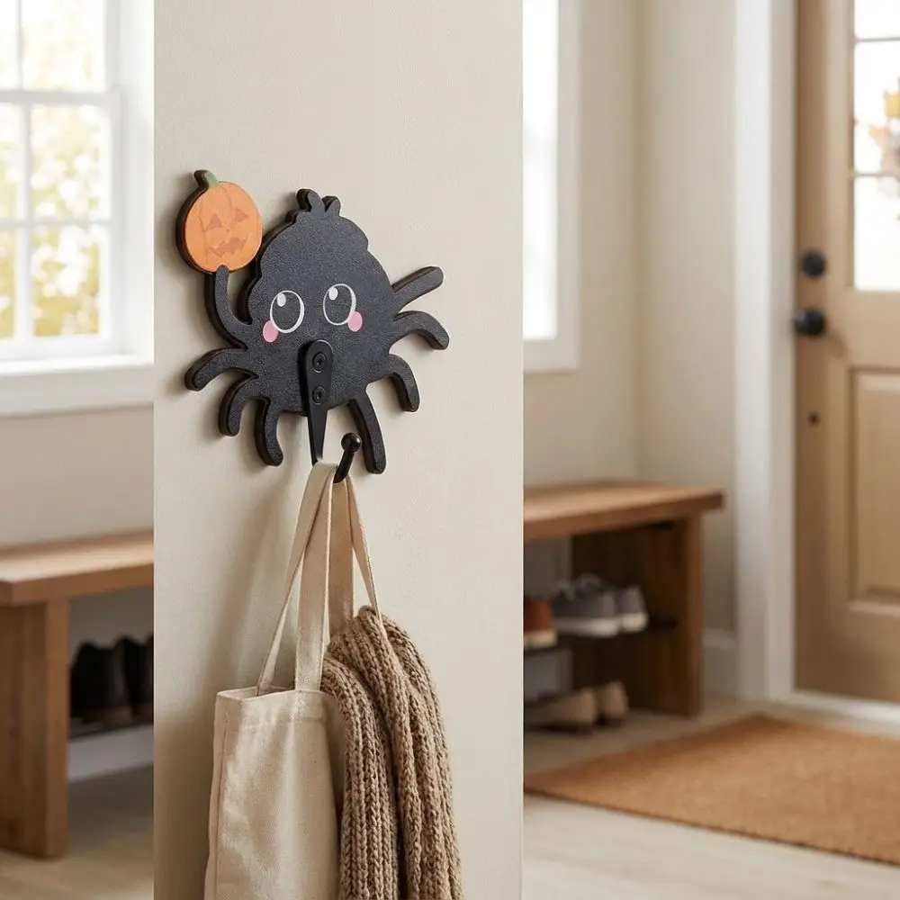 Wooden Halloween Cartoon Spider Hook No-Drill Cute Keys Holder Wall Mounted Gothic Style Spider Wall Hooks Home Decor