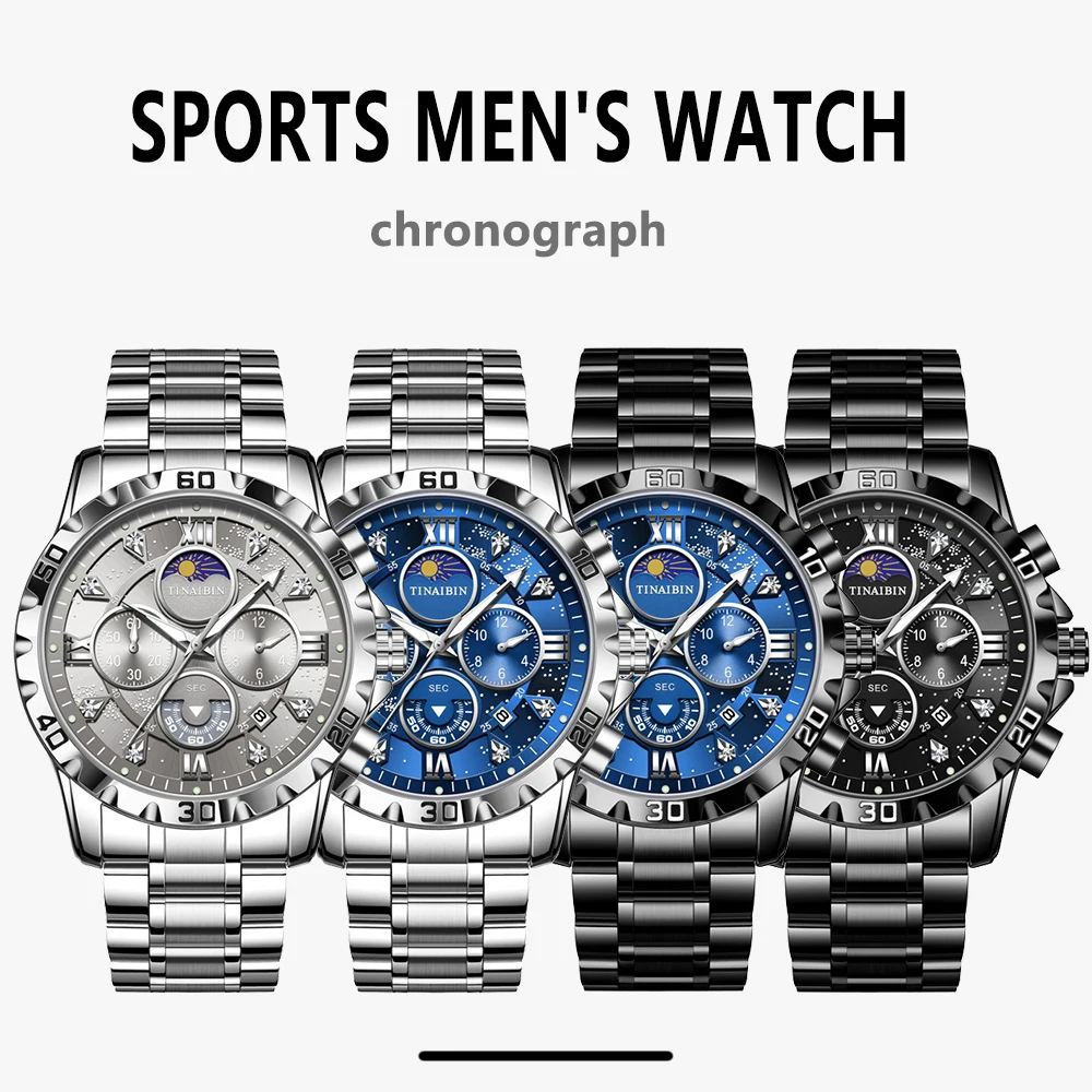 Luxury Men\'s Watches Sports Quartz Wrist Watch for Man Waterproof Stainless Steel Luminous Chronograph Date Moon Phase Reloj New