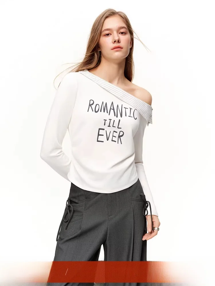 

Lazy Page Stripe Collar T-irt Women's Long Sve Printed Top Spring Faion Loose Fit Polyester Blend Comfortable Casual Tee