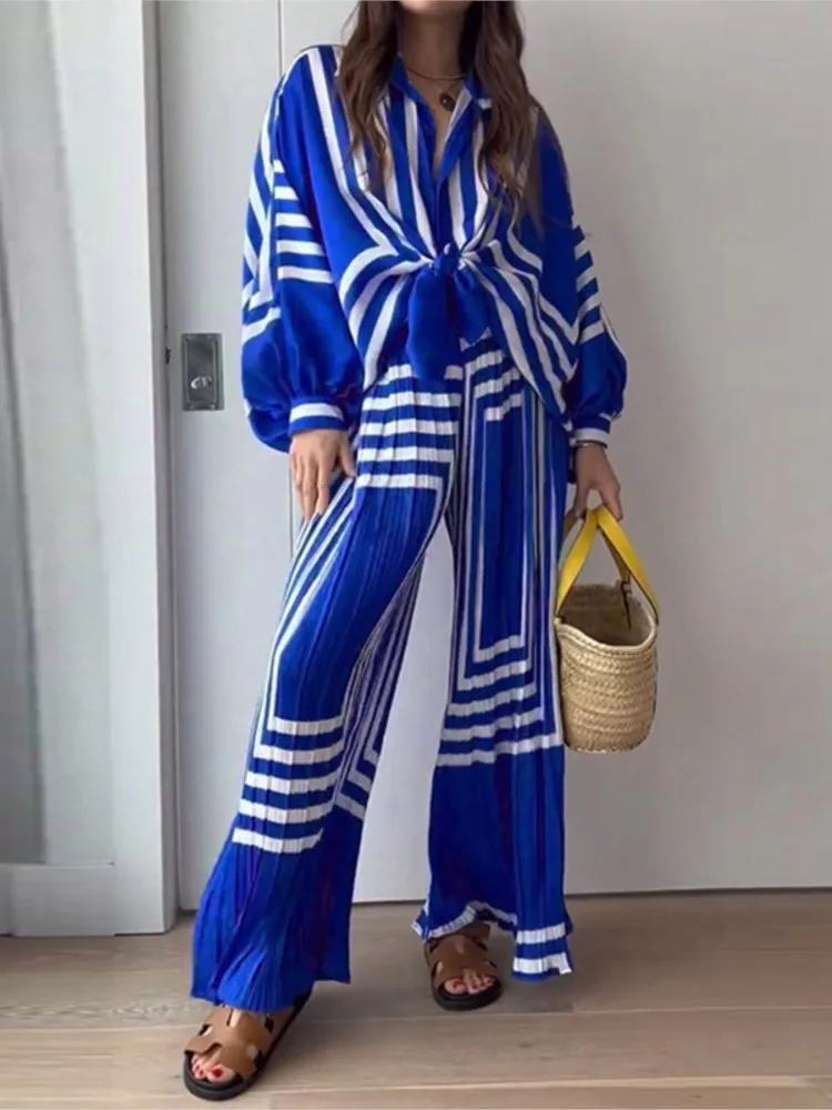 

Folds Print Two Piece Set Women Fashion Loose V-neck Leace-up Tops Wide Legs Trousers Two Piece Set Female Spring And Autumn New