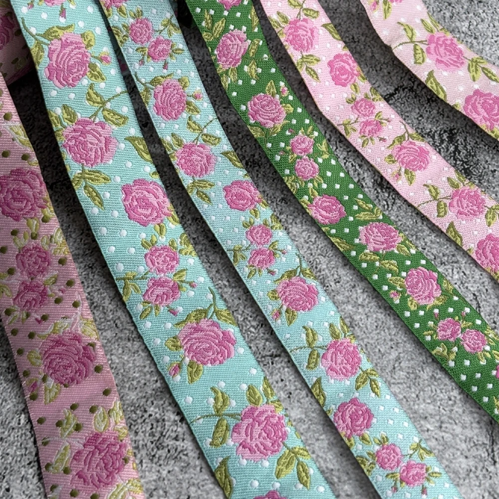 

10 Yards 16MM 22MM 5/8" 7/8" Polyester Woven Jacquard Ribbon Pink Rose Flowers