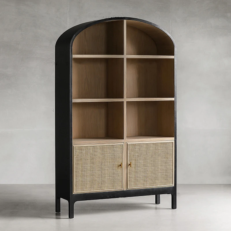 خزانة كتب من الخشب الصلب لغرفة المعيشة، باب من الخيزران، خزانة عرض مزخرفة، خزانة تخزين أرضية فرنسية عتيقة #2