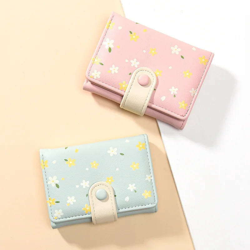 PU leather simple and cute contrasting color student loose change bus card storage printed short lady's wallet card case
