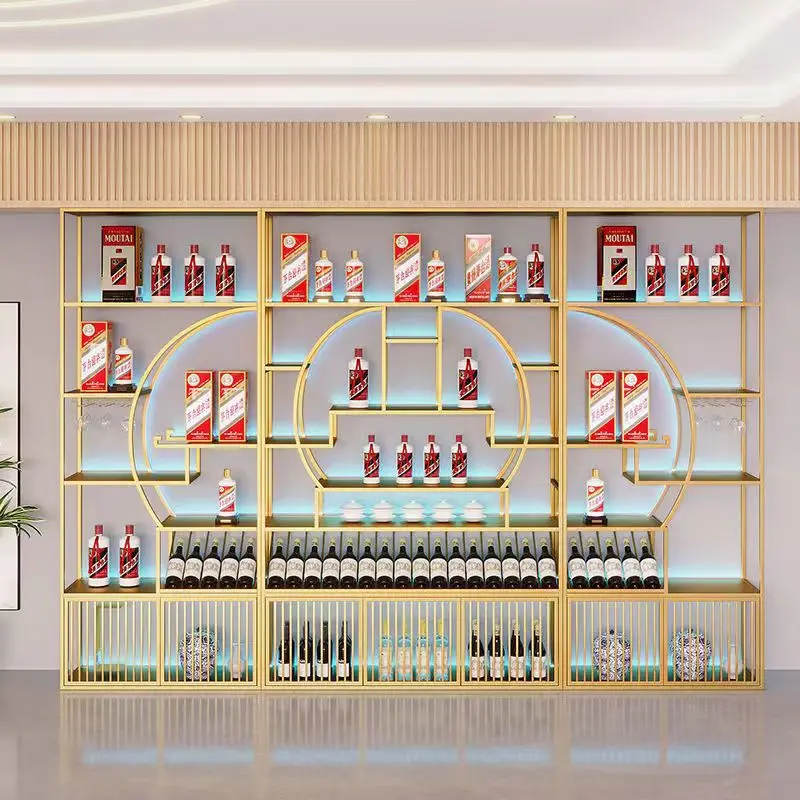 

Floor-to-ceiling winery red wine display stand luminous against the wall Baijiu shelf wine rack creative wrought iron paint wine