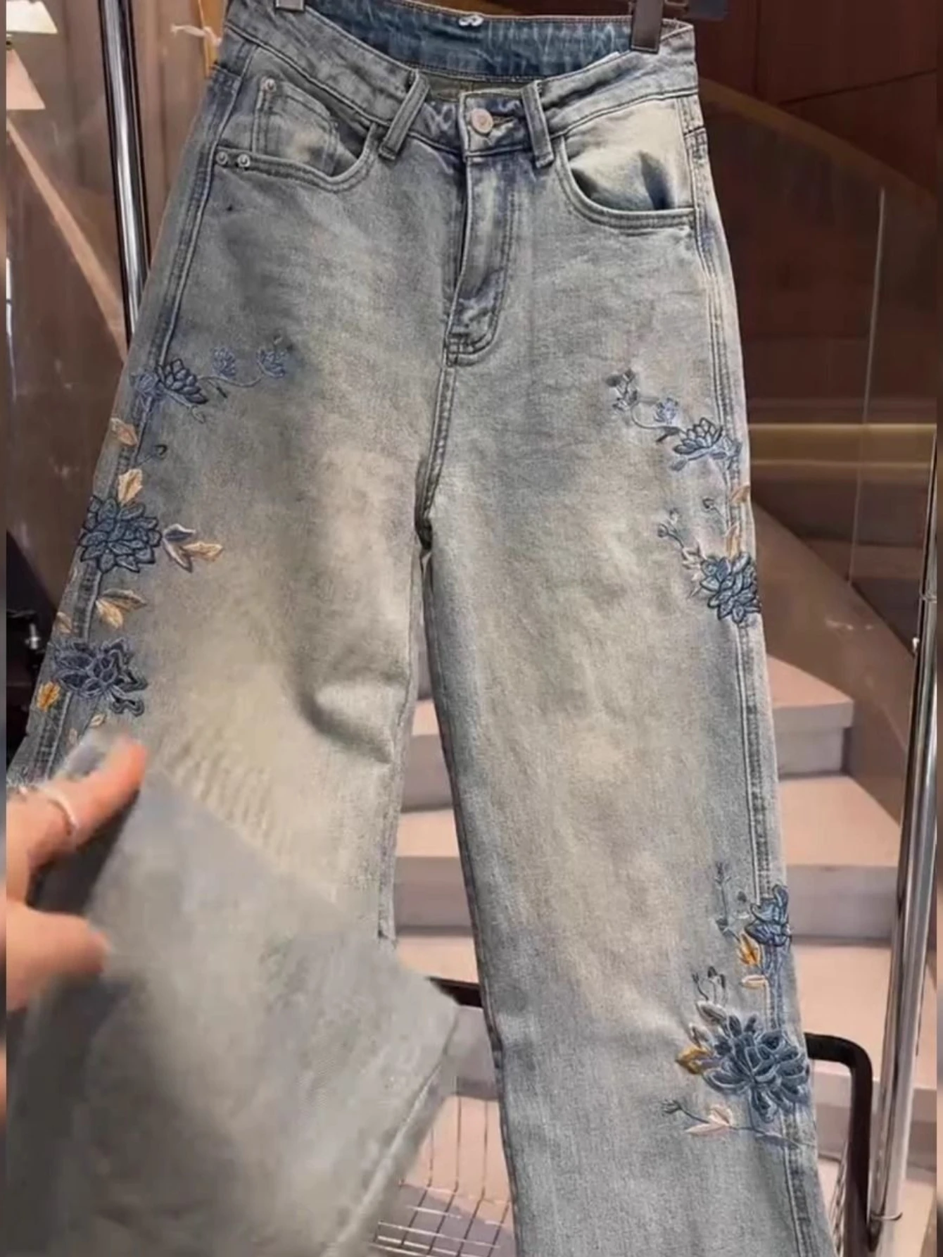 

Straight Pants Jeans Women Vintage Denim Y2k Embroidery High Waist Stretch Pockets Distressed Washed Trousers Streetwear 2025