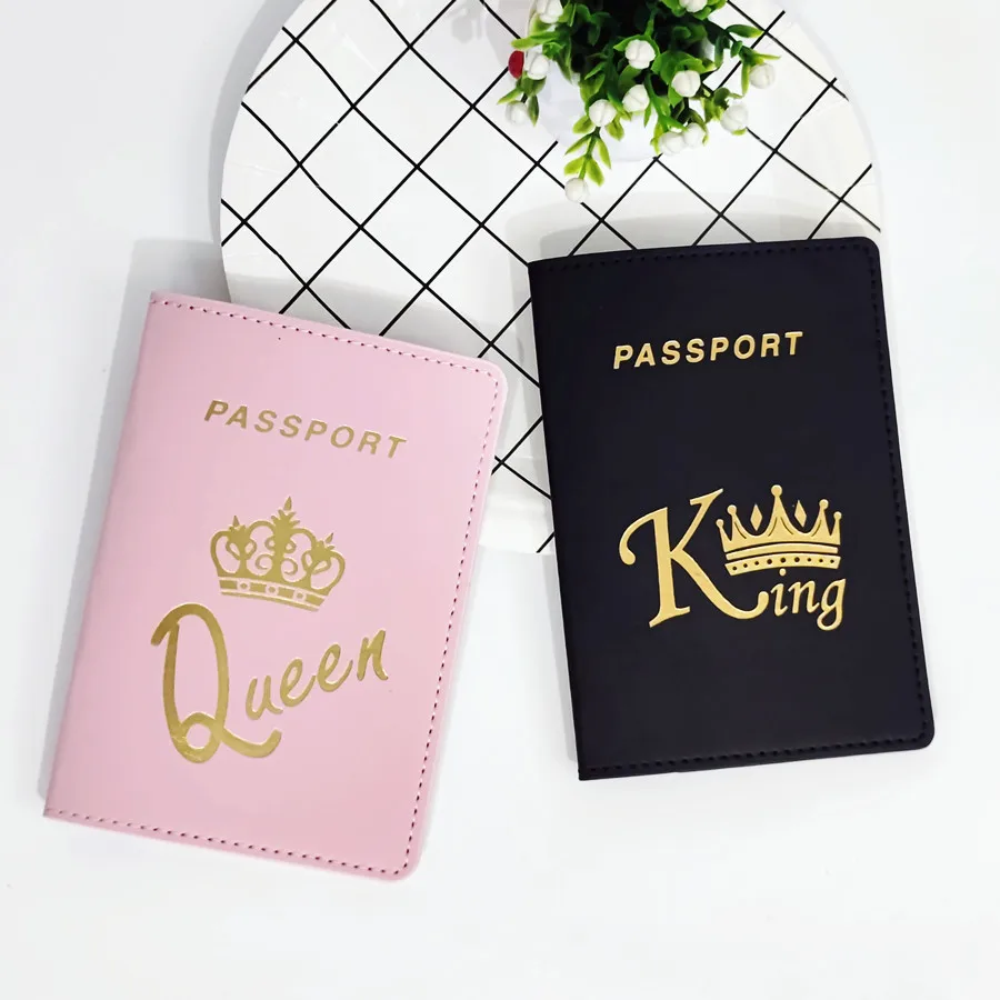 2PCS/Set Crown Graphic Lovers Passport Cover Case Card Holder Travel Accessories PU Leather Wallet Gift For Couples