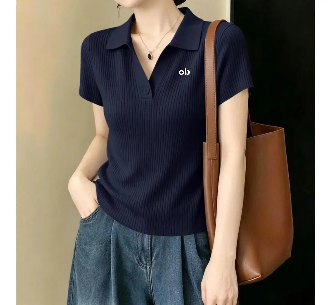 2026 New Style Simple High-End Collarless Short-Sleeved Knitted T-Shirt Retro Front Shoulder Multi-Functional Women's Top