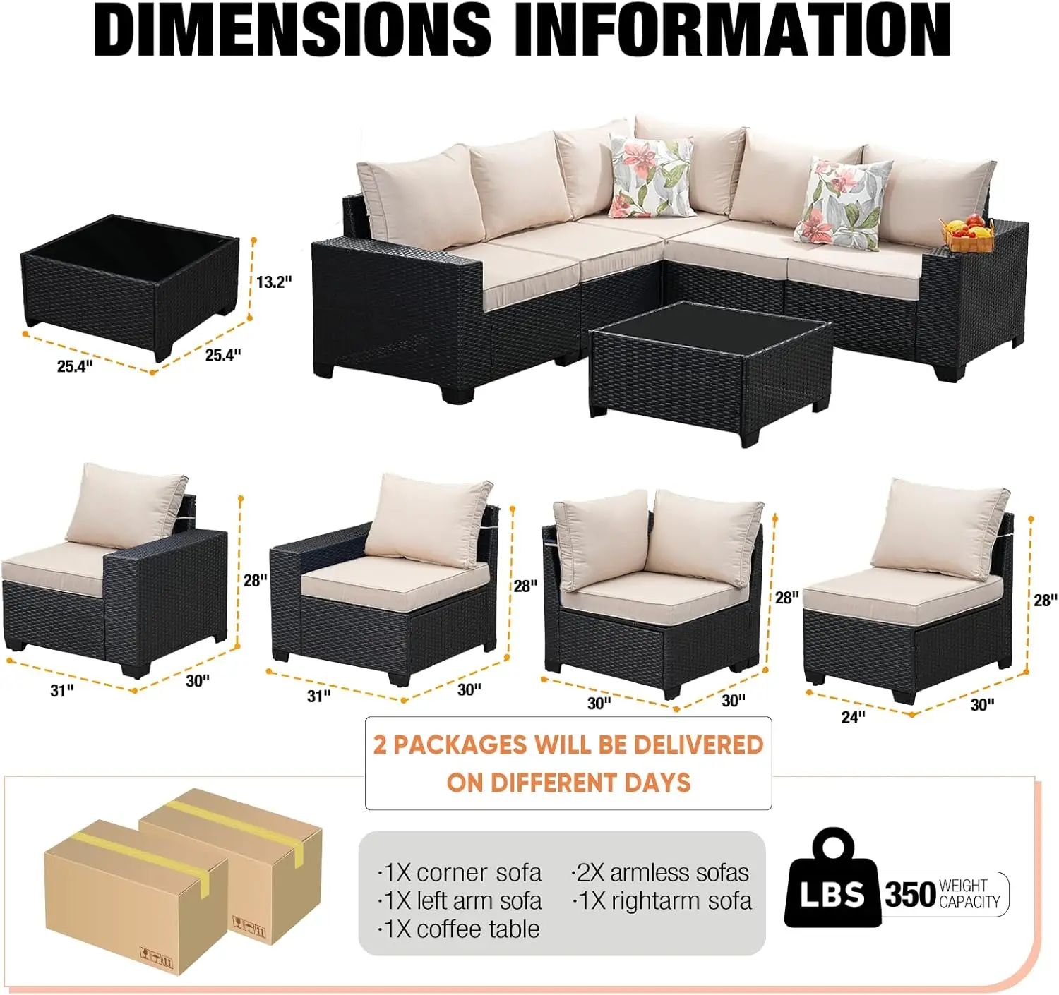 6 Pieces All Weather Patio Conversation Sets Wicker PE Rattan Outdoor Sectional Couch Sofa Set with Cushion & Coffee Table