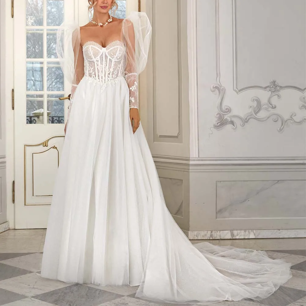 

Customized Romantic Corset Bridal Gown with Puffy Sleeve Lace Appliques with Beaded Wedding Dress Backless Boho vestidos de