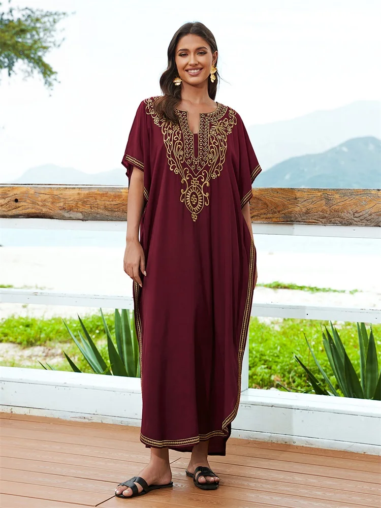 2024 Summer Red Embroidered Printed Bohemian V-neck Kaftan Loose Holiday Swimsuit Cover Up Women Causal Beach Maxi Dress Q1610