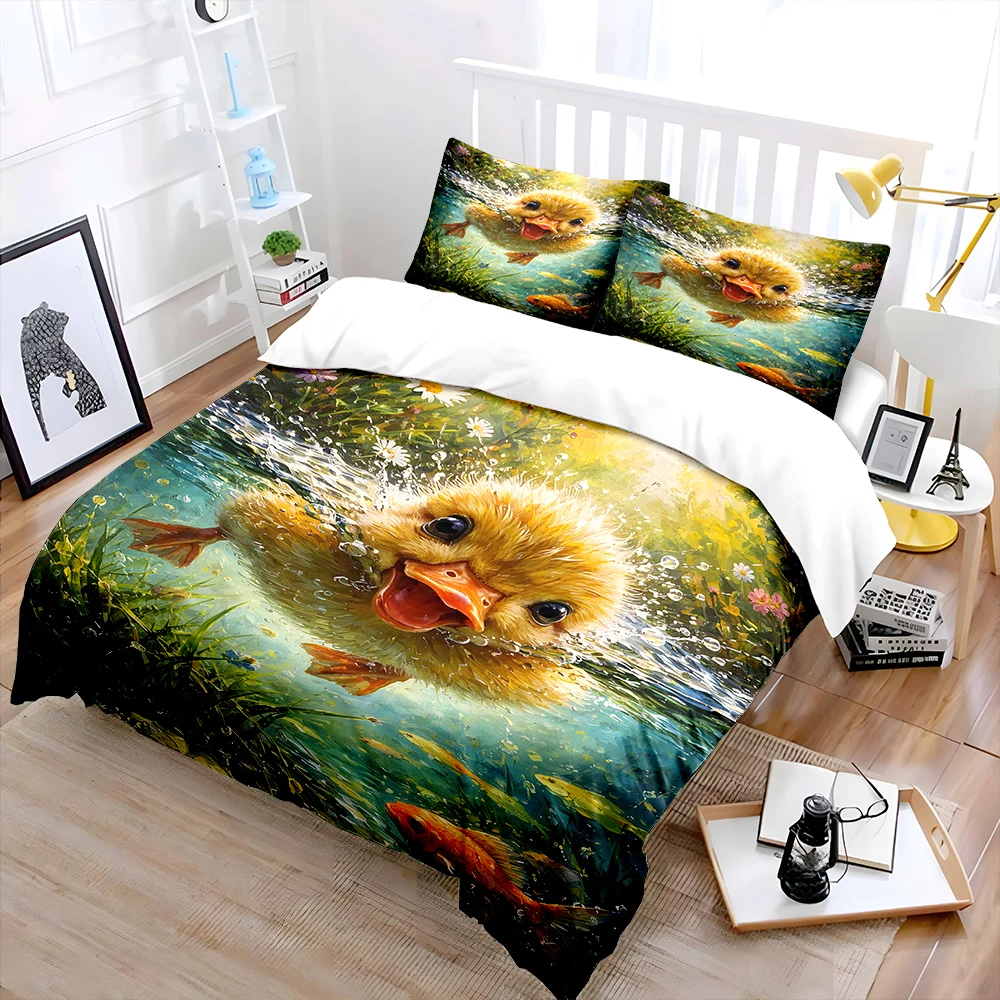 Duckling swimming playfully amidst fish Bedding Set for Kids Luxury Gift 3pcs Digital Print Comforter Set Soft Comfortable