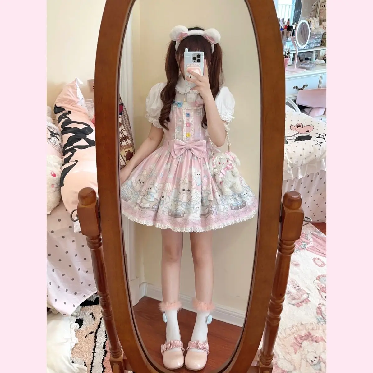 Lolita Jsk Dress Women Lolita Cartoon Cocoa Bear Cute Rabbit Lace Bow Sweet Straps Dresses Kawaii Princess Party Mini Vestidos