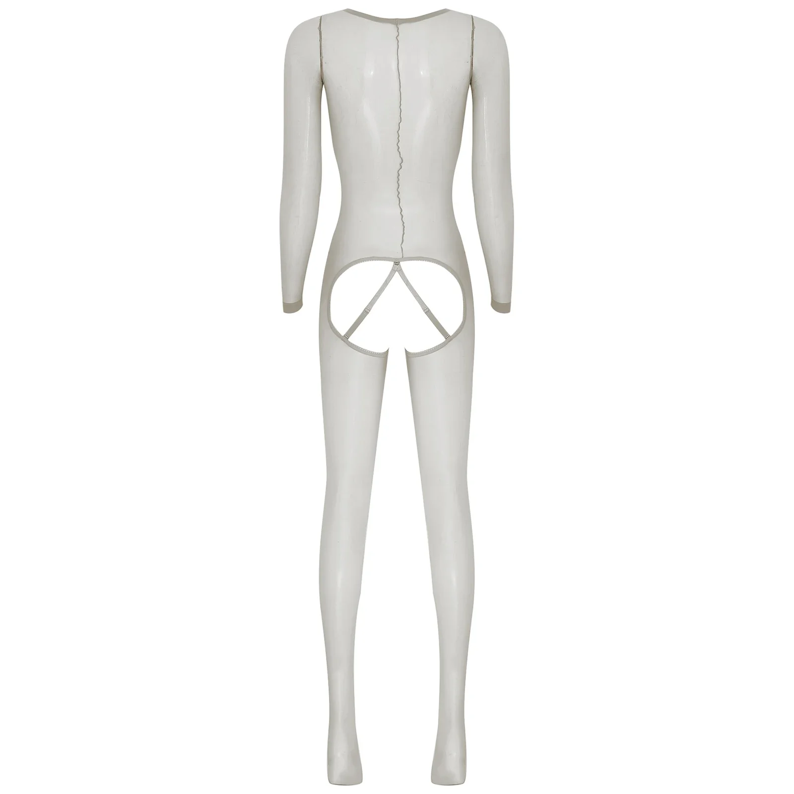 สตรี Ultrathin ดูผ่านบอดี้สูทแขนยาว Crotchless เปิดก้น Full-body Bodystocking Unitard Leotard Jumpsuit ชุดนอน